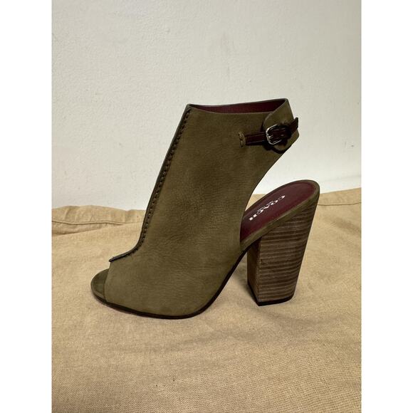 Coach Shoes Womens Size 9 Olive Green Suede Peep Toe Block Heel Sandals Buckle - Picture 1 of 14
